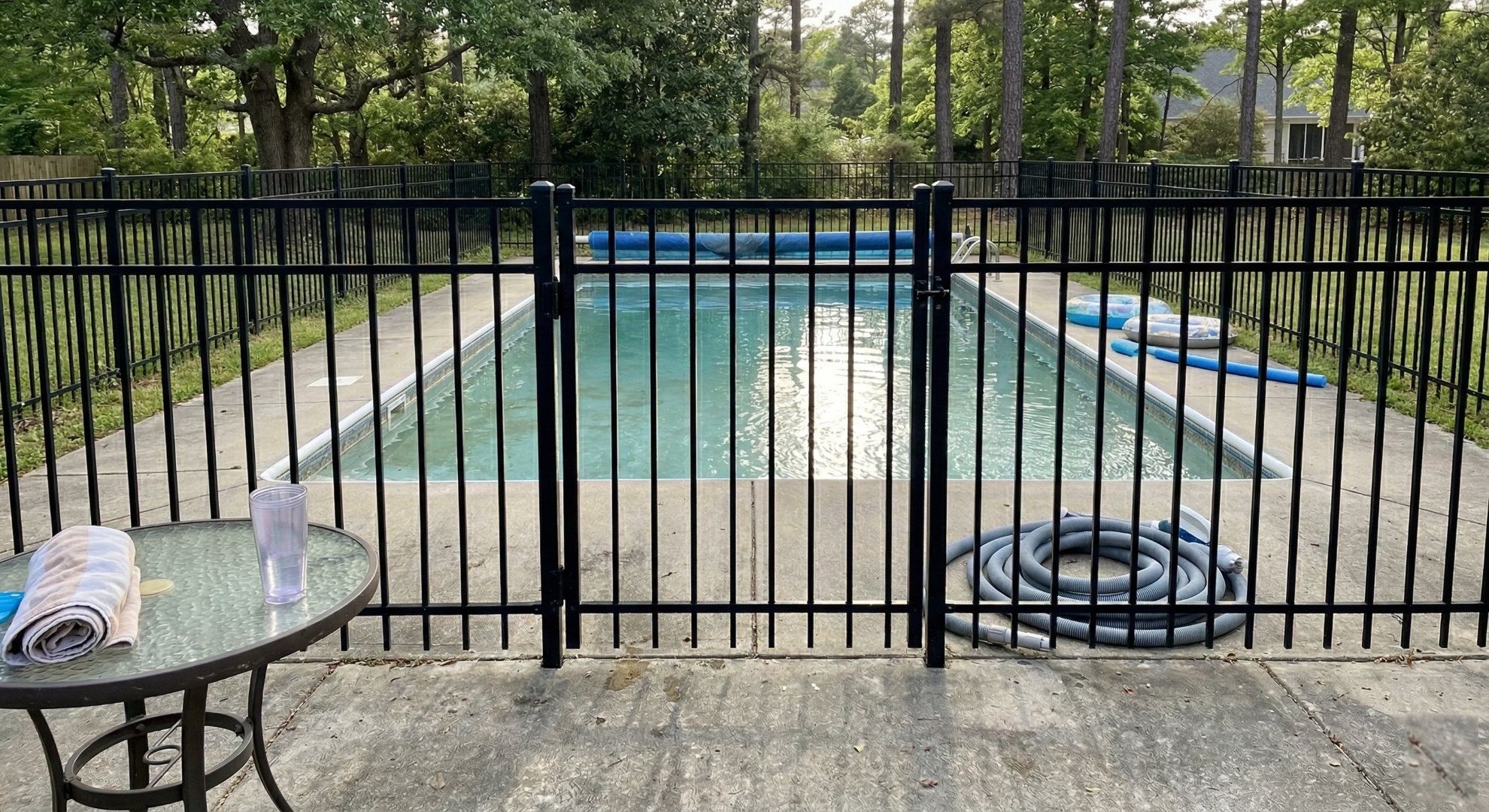 Black aluminum fence enclosing a residential pool with self-closing gate