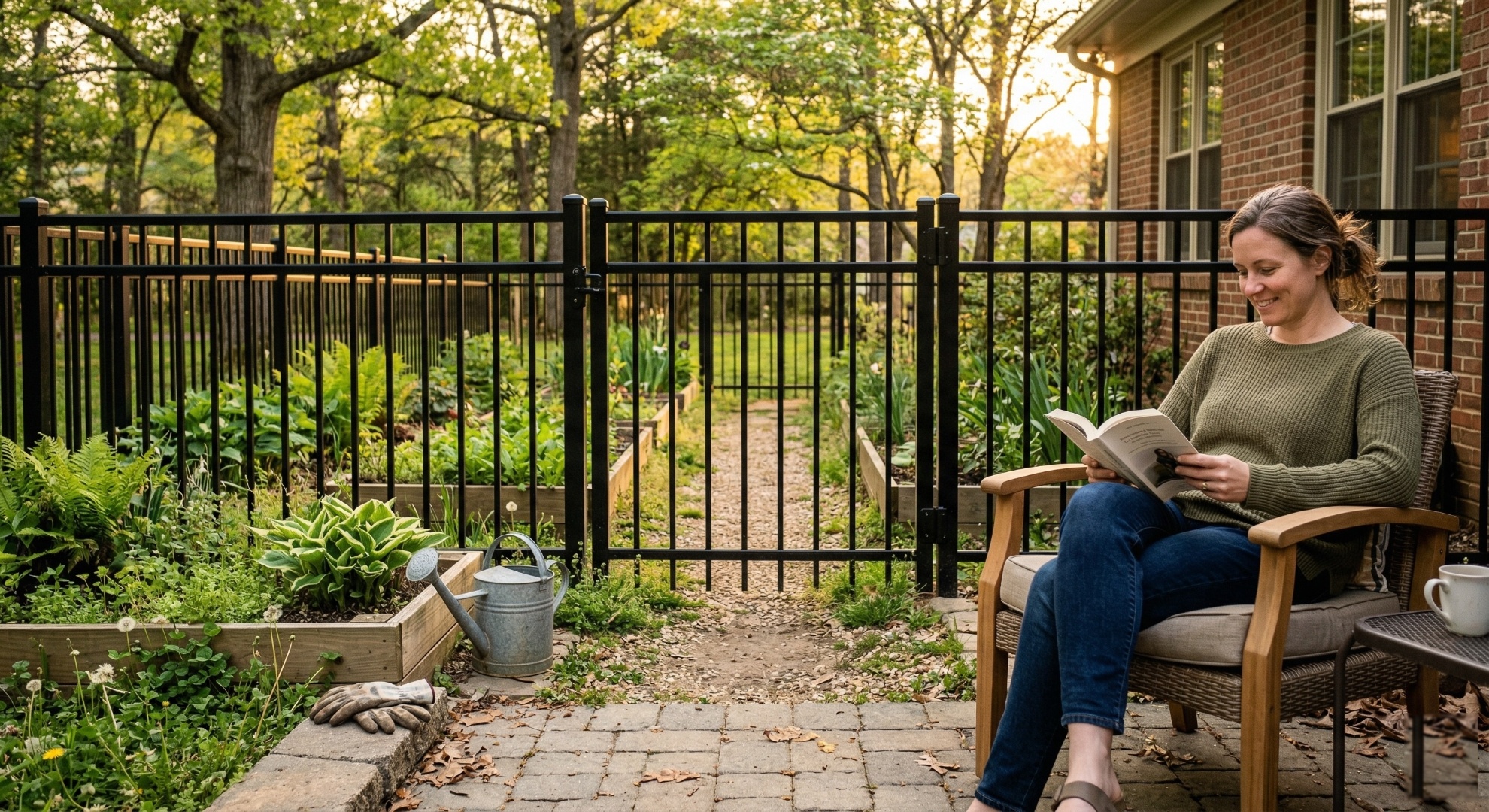 Homeowner reading on a patio enclosed by a black aluminum aluminum fence and garden gate