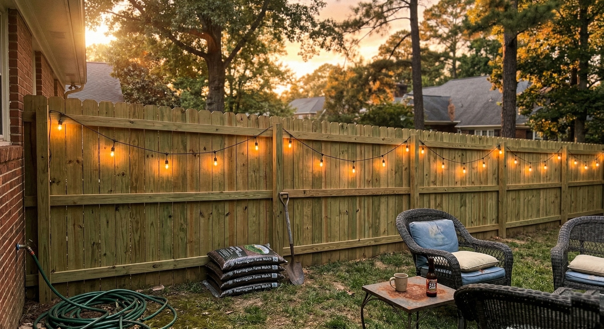 New pressure-treated wood privacy fence with string lights at sunset — Triangle NC